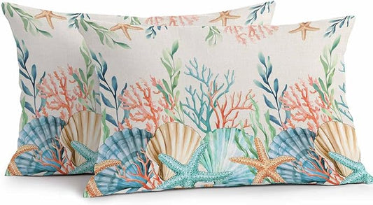 Lumbar Pillow Covers 20x12 Inch Set of 2, Summer Ocean Waterproof Outdoor Pillow Covers, Watercolor Coastal Coral Shell Seaweed Beige Decorative Cushion Pillowcases for Couch, Sofa, Bed, Garden, Patio