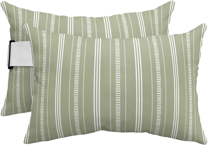 Outdoor Lumbar Pillows 11x16 Set of 2, Boho Sage Green Waterproof Throw Pillow Covers with Insert, Minimalist Farmhouse Striped Decorative Pillowcase Cushion for Couch Sofa Bed