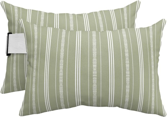 Outdoor Lumbar Pillows 11x16 Set of 2, Boho Sage Green Waterproof Throw Pillow Covers with Insert, Minimalist Farmhouse Striped Decorative Pillowcase Cushion for Couch Sofa Bed