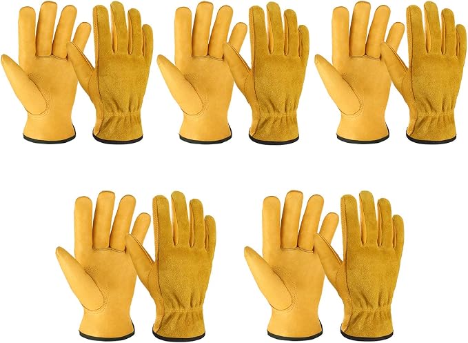 OZERO Leather Work Gloves, Gardening Gloves, Flex Grip, 5 Pairs, Small | Flexible Grip, Keystone Thumb, Elastic Wrist, Breathable Unlined Comfort for Yard Work, Firewood, Landscaping and Farm Tasks