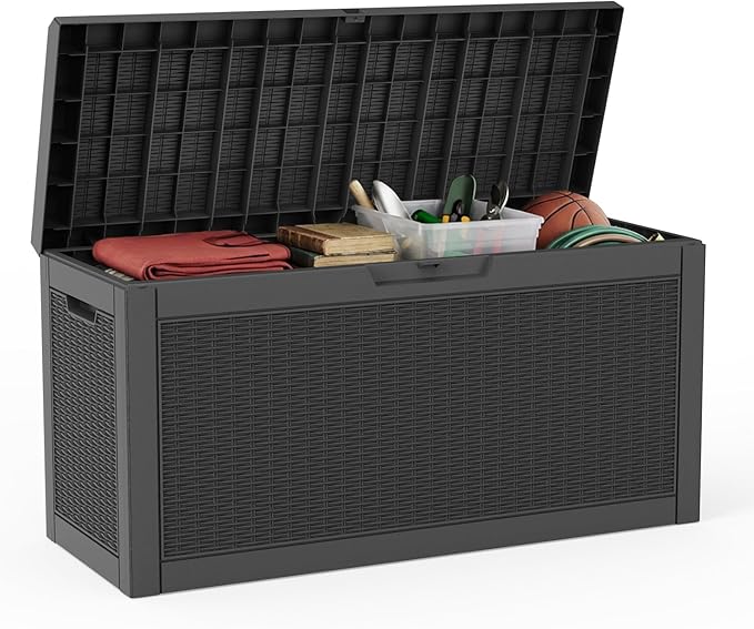 AmaVins Outdoor Storage Box, 60 Gallon Deck Box Indoor and Outdoor Use, Waterproof Resin Storage Bin for Package Delivery, Patio Cushions, Gardening Tools, Lockable, UV Resistant, Black