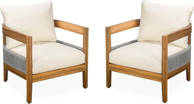 Merax 27.5" Outdoor Curved Accent Chair with All-Weather Cushions Set of 2, Acacia Wood Frame Single Club Chair for Porch, Lawn, Backyard, Balcony, Teak+ Beige