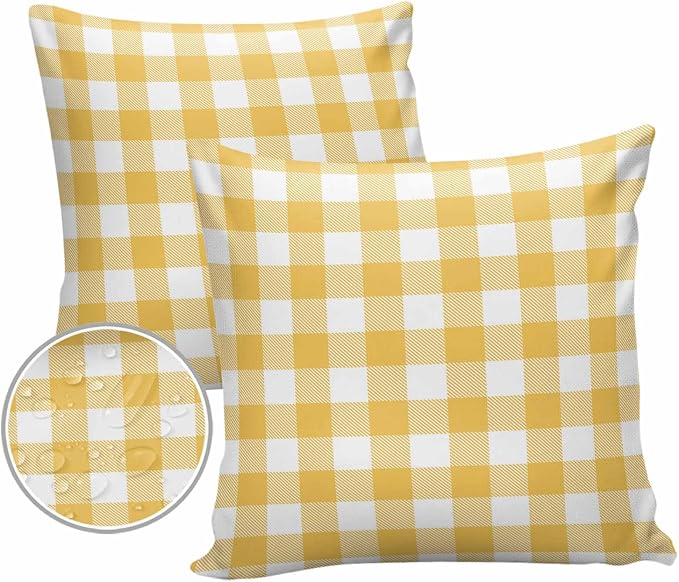 Outdoor Waterproof Throw Pillow Covers Set of 2 Yellow Buffalo Check Plaid Pillowcases 20x20 Inches Farmhouse Style Patio Decorative Pillows Cushion Case Patio Pillows for Couch Bed Chair Garden