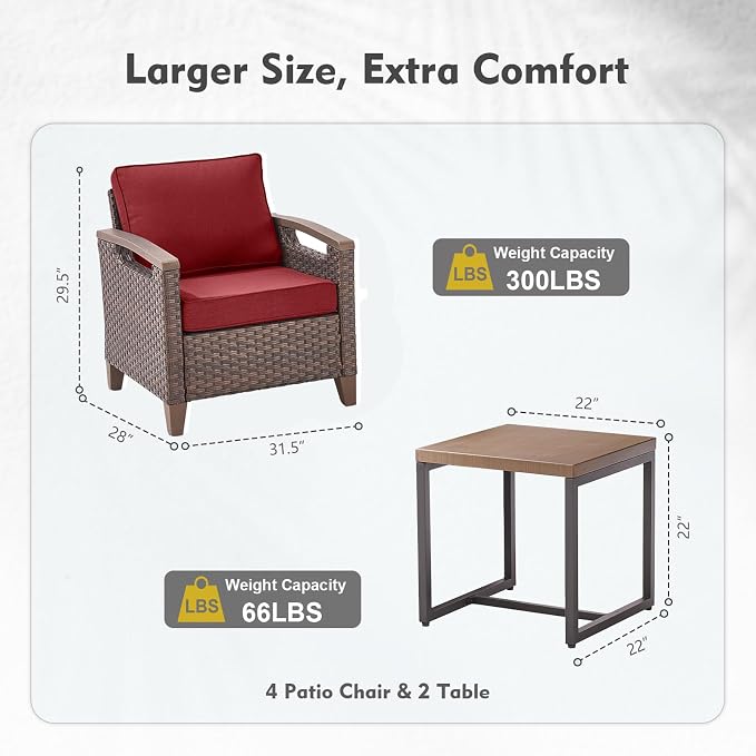 Rilyson Wicker Outdoor Patio Furniture Set of 6, 6 Piece Patio Conversation Sets with 4 Chairs and 2 Side Table, Thick Cushions, Waterproof Wicker, for Porch Deck Brown/Red