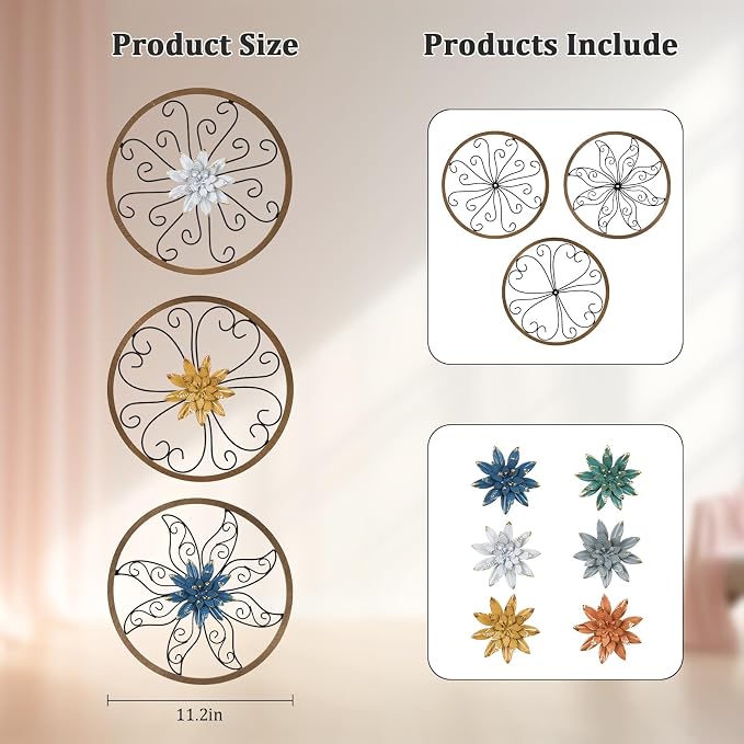 hogardeck Metal Flower Wall Decor - 3 pcs 11" Metal Wood Floral Wall Decoration with 6 Piece Interchangeable Flowers, Hanging Rustic Wall Art for Bedroom, Living Room, Bathroom, Kitchen