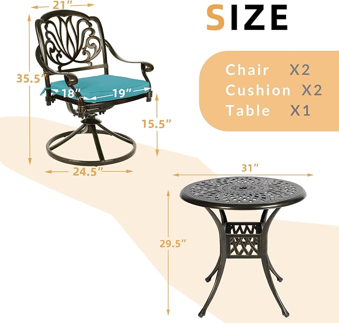 3-Piece Outdoor Patio Dining Set, All-Weather Cast Aluminum Patio Furniture Set for Backyard Garden Deck with 2 Swivel Cushioned Chairs and 31” Round Table, 2" Umbrella Hole, Ocean Blue