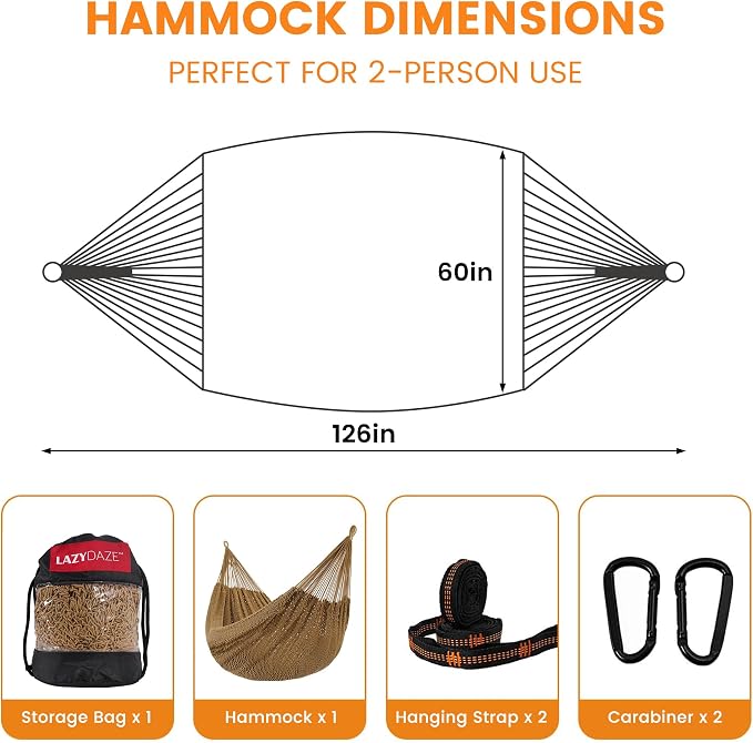 Lazy Daze Hammocks Handwoven XL Mayan Hammock, 10.5 FT Soft Rope Double Hammocks, Portable Outdoor Hammock with Carry Bag, 2 Straps & Carabiners for Patio Outside, 550 lbs Weight Capacity, Tan