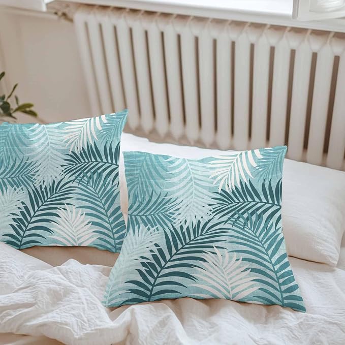 Turquoise Palm Leaves Waterproof Outdoor Pillow Covers Set of 2 Home Decor, Summer Tropical Leaf Plant Pillowcase Patio Pillow Covers for Couch Bench Patio Furniture Garden 16x16in