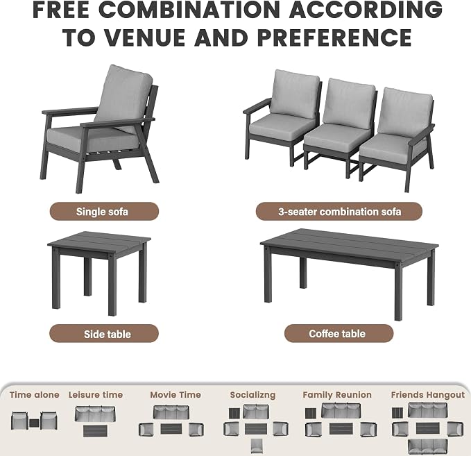 LOUNZY HDPE Patio Furinture Set, 6 Piece Sectional Sofa Outdoor Furniture Set, All Weather Outdoor Couch Set Patio Conversation Set for Deck, Lawn, Grey