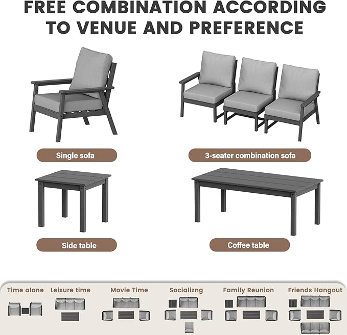 LOUNZY HDPE Outdoor Furinture Set, 7 Piece Sectional Sofa Patio Furniture Set, All Weather Outdoor Couch Set Patio Furniture Set for Deck, Lawn, Grey