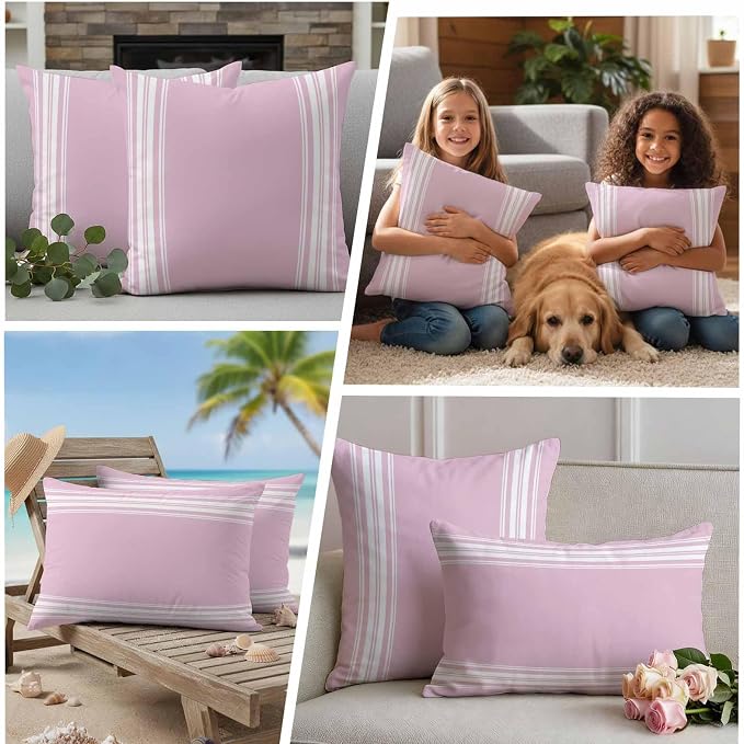 Outdoor Pillow Covers 16x16 Set of 2 Pink Stripes Outdoor Pillows Waterproof Throw Pillow Covers French Stripe Farmhouse Style Pillowcases Decorative Case for Patio Cushion