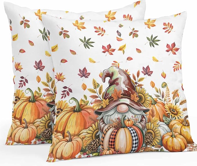 Fall Gnomes Outdoor Waterproof Pillow Covers, Thanksgiving Pumpkins Leaf Sunflowers Farm Decorative Square Throw Pillowcase Sofa Cushion Sham for Patio/Couch/Chair, 16"x16" 2 Pack