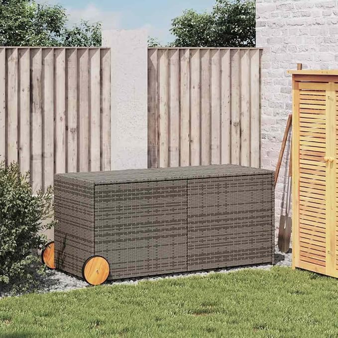 Outdoor Garden Storage Box with Wheels, 283L Capacity Deck Box for Patio, Weather-Resistant PE Rattan Container with Adjustable Height for Cushions Blankets Grey