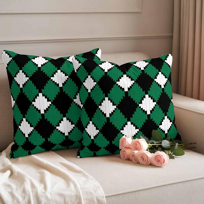 Vintage Rhombus Outdoor Waterproof Throw Pillow Covers Set of 2, 18"x18", Green Black White Decorative Pillow Covers Outside Cushion Case for Patio Porch Garden