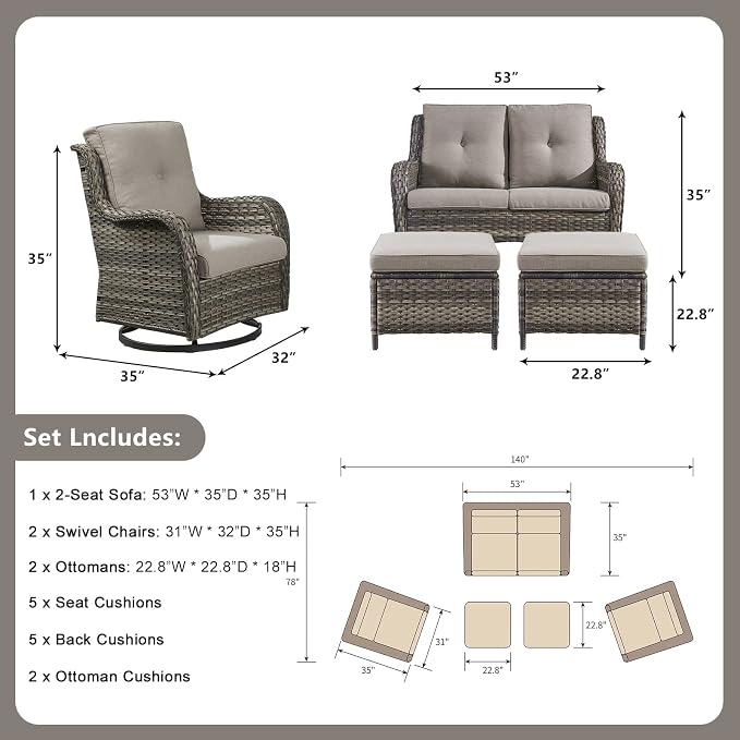 Rilyson 5 Piece Outdoor Patio Furniture Set - Rattan Wicker Patio Conversation Sets with 2 Swivel Rocker Chairs,2 Ottomans and 1 Loveseat for Outside Porch Deck Backyard(Mixed Grey/Grey)