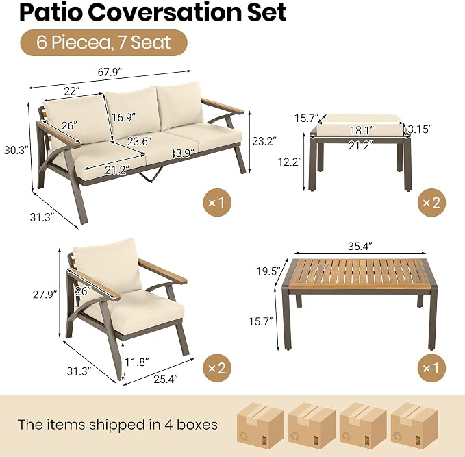 6 Piece Outdoor Furniture Set, Steel Frame Sofa Set with 3-Seat Couch, 2 Armchairs, 2 Ottomans & Acacia Wood Coffee Table, Patio Conversation Set for Garden Poolside, Brown+Cream Beige