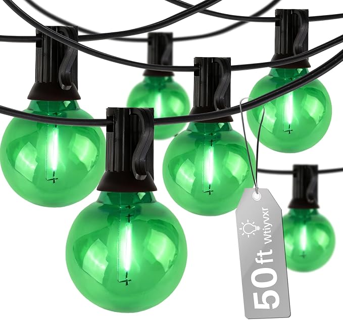 50 FT Green Outdoor String Lights,26 Plastic Edison Bulbs, E12 Base | G40 globe shatterproof bulbs, IP65 waterproof, dimmable LED, for backyard porch balcony party decor