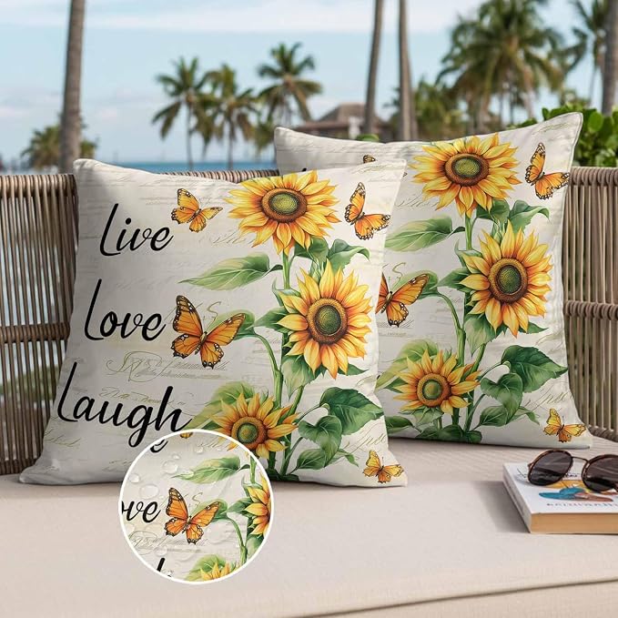 Live Love Laugh Outdoor Waterproof Throw Pillow Covers Set of 2, 24"x24", Sunflower Butterfly Rustic Watercolor Floral Decorative Pillow Covers Outside Cushion Case for Patio Porch Garden