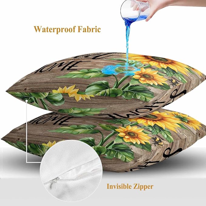 Throw Pillow Covers 20x20 Inch Set of 2, Sunflower Bee Waterproof Outdoor Pillow Covers, Farmhouse Country Wooden Plank Brown Decorative Cushion Pillowcases for Couch, Sofa, Bed, Garden, Patio