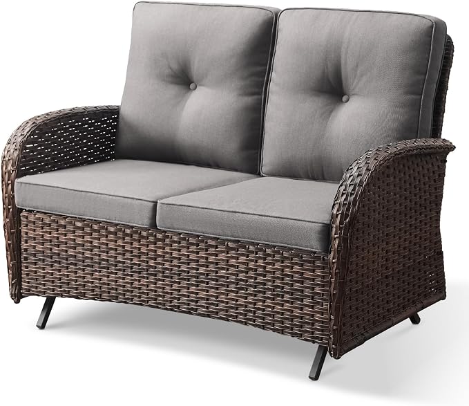Patio Loveseat Wicker Loveseat Rattan Glider Sofa with Curved Armrest Thicking Back & Seat Cushions for Garden Balcony Backyard Brown Wicker|Grey Cushions (B) Patio Loveseat Glider
