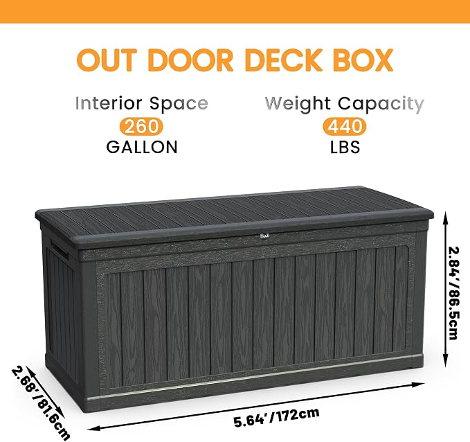260 Gallon Outdoor Storage Box, Large Waterproof Deck Box for Patio Cushions Garden Tools, Lockable Pool Deck Box with Bench Seat, Black