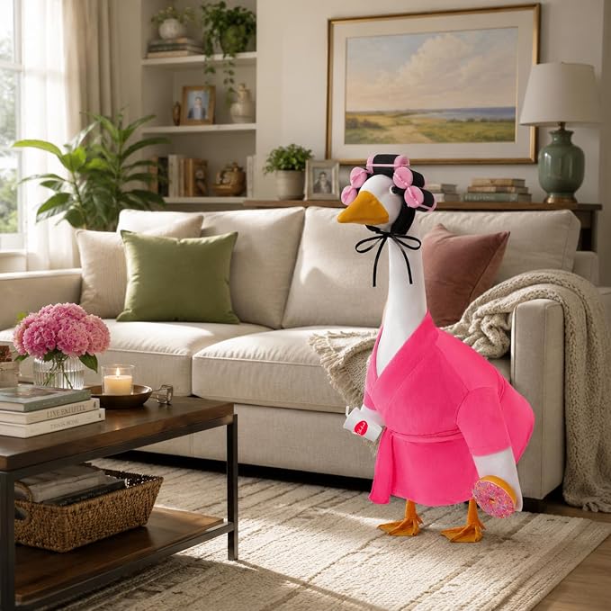 Lady Porch Goose Bathrobe Outfits Fits 23" Concrete Goose Statue | Funny Winter Porch Goose Outfit Old Lady Geese Costume with Curlers Coffee Cup for Outdoor Yard Garden Patio Decor(Fuchsia)