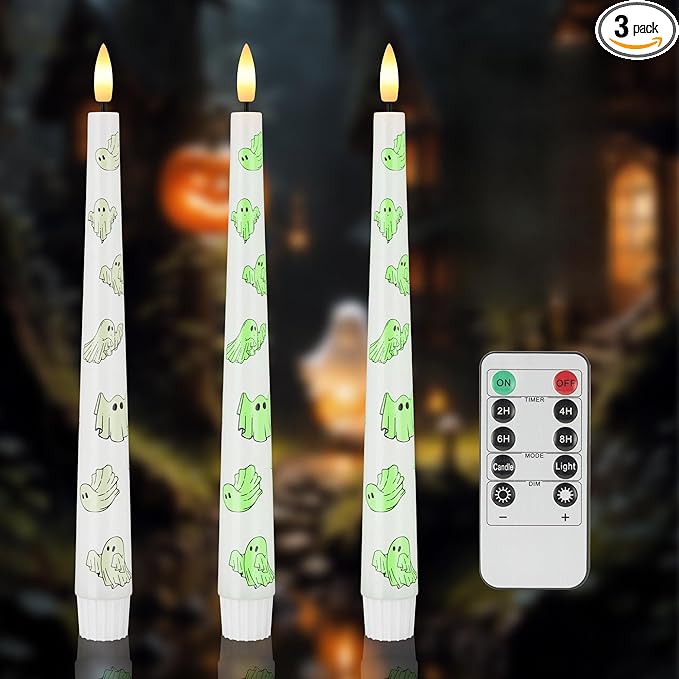Halloween Flameless Taper Candles with Ghosts Glow in The Dark, Real Wax Battery Operated Candles with Remote, 3 Pack Flickering Halloween Led Candlesticks for Party Home Decor
