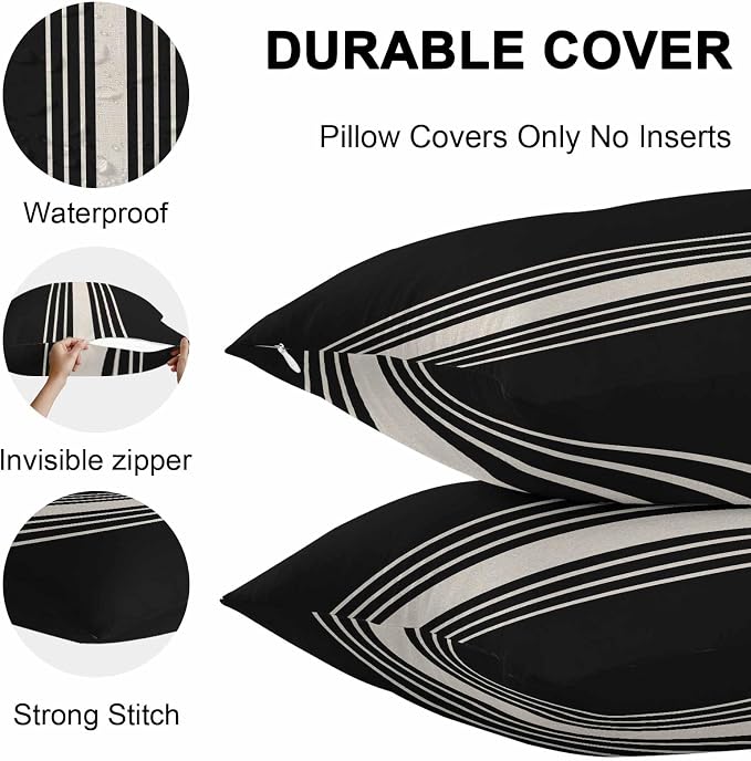Vandarllin Outdoor Throw Pillows Covers 20x12 inch Set of 2 Waterproof Black Stripes Decorative Zippered Cushion Covers for Patio Furniture, Classic Striped Linen Lumbar Pillowcases
