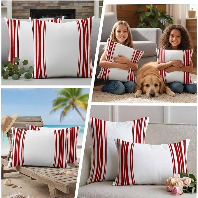 Outdoor Waterproof Throw Pillow Covers Set of 2 Red Stripes Pillowcases 26x26 Inches White Vertical Striped Decorative Pillows Cushion Case Patio Pillows for Couch Bed Chair Garden