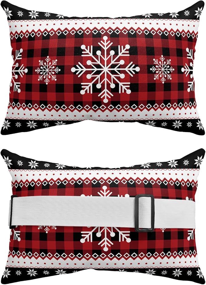 Outdoor Pillows Covers with Inserts Chrsitmas Snowflake Winter Snow Red Plaid Waterproof Recliner Pillow with Adjustable Strap Throw Pillows for Patio Furniture Pool Lounge Chair, 11x16 inch, 1PCS