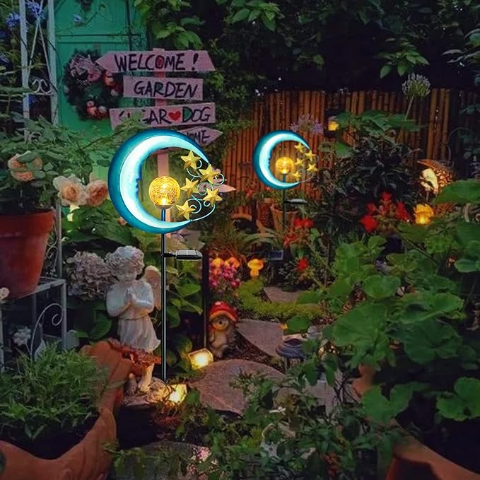 EPROSMIN Stars Moon Solar Lights Outdoor - Solar Powered Garden Lights Decorative Crackle Glass Globe Led Waterproof Landscape Lighting for Pathway,Yard,Lawn,Patio