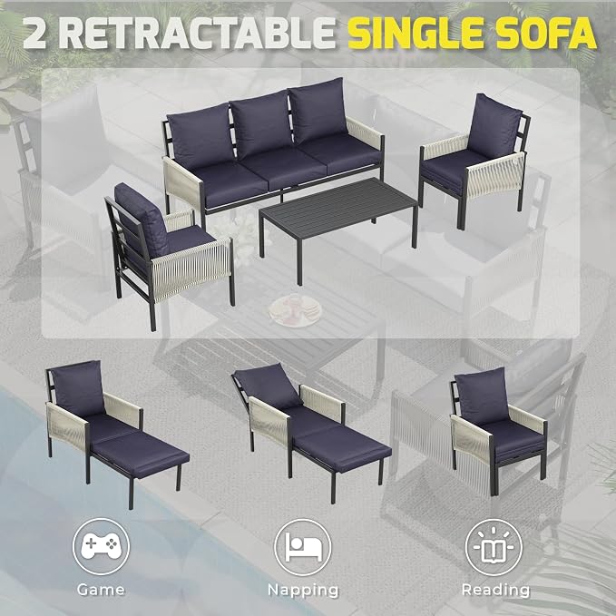 AECOJOY Aluminum Patio Sectional Sofa Set 5-Seat Dark Blue | Outdoor Furniture, Coffee Table Included, Porch & Deck Use, Conversation Set