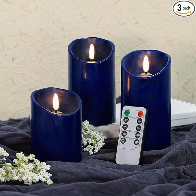 Navy Blue Flameless Candles with Remote Timer, Real Wax LED Candles Flickering, 3D Wick Fake Candles Candles Battery Operated for Home Living Room Wedding Party Gifts, Navy Blue Decor, Set of 3