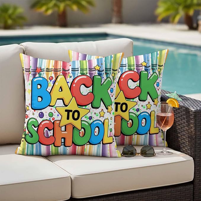Outdoor Waterproof Pillow Covers for Patio Back to School Decorative Throw Pillow Cover Colorful Crayon School Season Pillowcases Set of 2 Cushion Case for Sofa Couch Chair 18x18 Inch