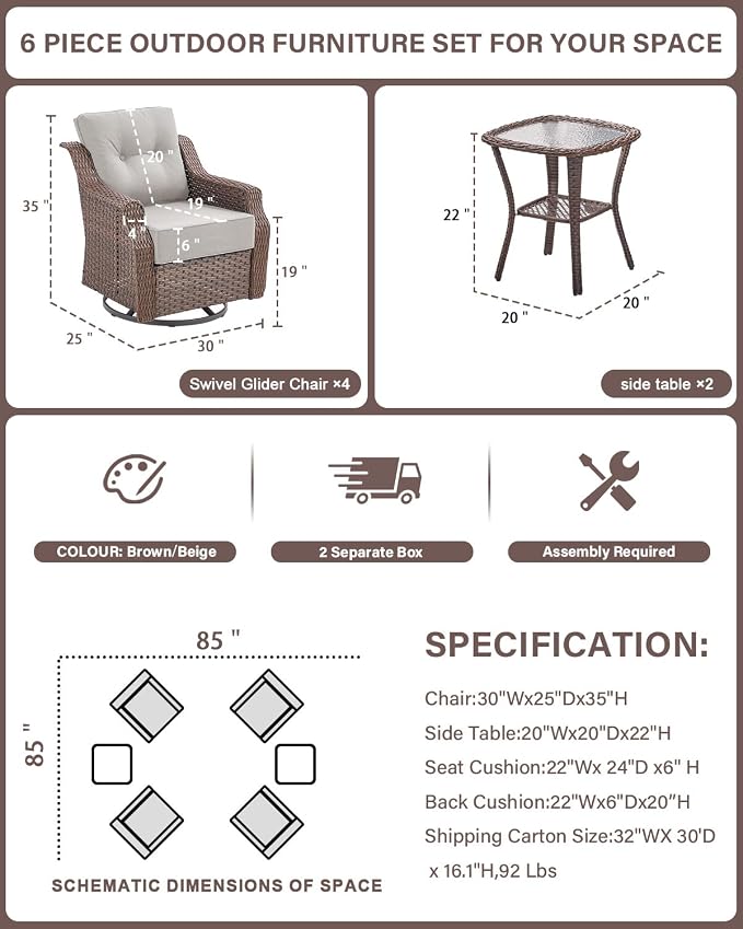 Belord Luxury 6-inch Thick Cushion Patio Furniture Set - Outdoor Swivel Rocker Glider Chairs Set of 4 with Glass Top Side Table, All-Weather Wicker Patio Conversation Set for Deck Balcony Sunroom