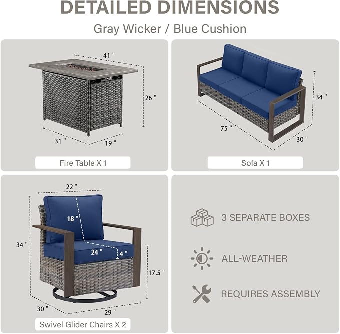 Belord Full 4 Pieces Patio Furniture Set with 41” Propane Fire Pit Table, Outdoor Conversation Set with Swivel Glider Outdoor Chair Set of 2 and Rattan Sofa for Deck Backyard