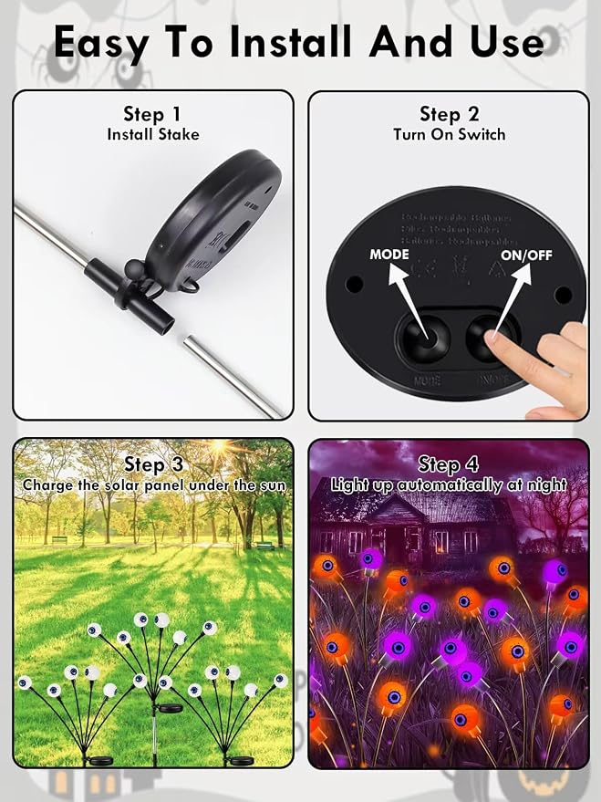 6 Pack Solar Halloween Decorations Outdoor 36 LED Solar Eyeball Lights | Orange and Purple Halloween Lights, Sway by Wind, IP65 Waterproof, 2 Modes, for Pathway Garden Yard Lawn Horror Party Decor