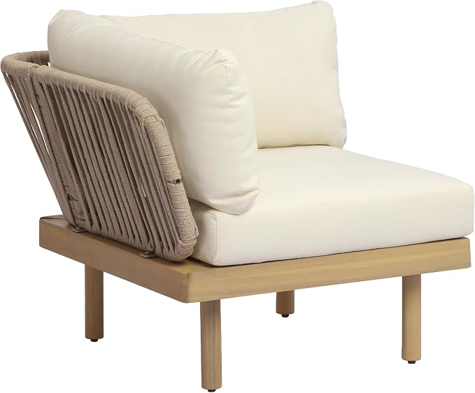 Christopher Knight Home Joan 7 Piece Patio Furniture Set with Slatted Coffee Table, Outdoor Sofa Set with Rope Back & Cushions, Acacia Wood Sectional Conversation Set, Beige+Cream+Light Teak