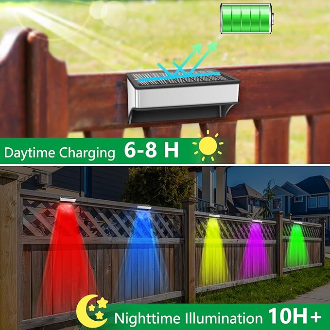 Solar Fence Lights Outdoor 12 Pack, LED Step Lights with 9 Lighting Options, Stainless Steel & IP65 Waterproof, Dusk to Dawn, Solar-Powered Wall Lamps for Outside, Deck, Steps, Patio, Backyard Decor