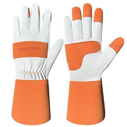 Gardening Gloves, Long Thorn Proof Garden Gloves for Women and Men, Goatskin Breathable Leather Work Gloves for Gardening, Pruning, Yard Work, Brown, L