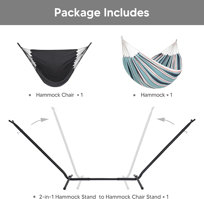 SUNCREAT 2-in-1 Convertible Backyard Fabric Hammock with Stand, Large Hammocks for Outside, Green & Orange