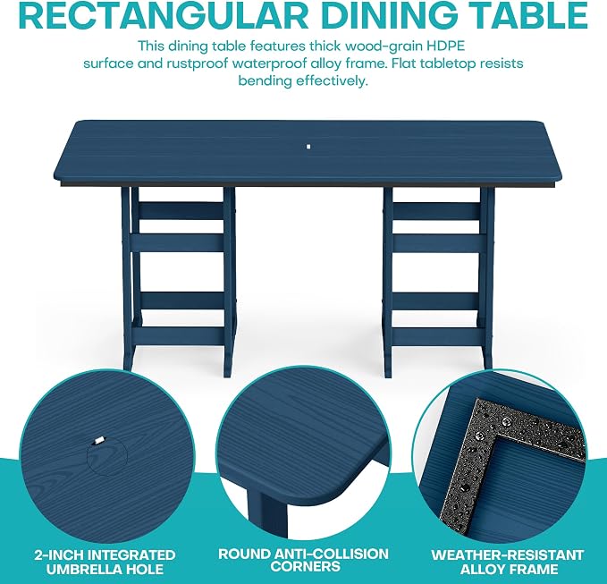 5-Piece Dining Set, HDPE Table & 4 Chairs, Navy Blue | HDPE Dining Set: 69.1" Table + 4 Chairs, 380 lbs, 304 Stainless, All-Weather, No Rust No Crack, Outdoor Patio Garden