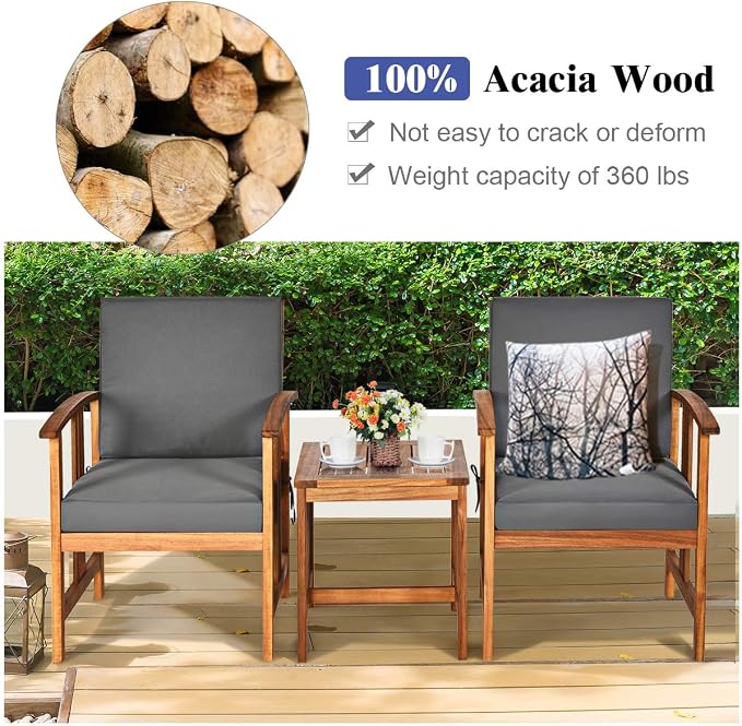 Tangkula 3 Pieces Patio Furniture Set, Includes Set of 2 Outdoor Acacia Wood Cushioned Chairs and Coffee Table, for Garden, Backyard, Poolside, Bistro and Deck, Patio Conversation Chat Set (Gray)