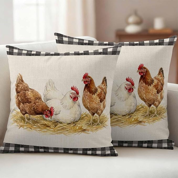 Farmhouse Rooster Outdoor Waterproof Pillow Covers, Farm Chicken Animals Retro Buffalo Plaid Decorative Square Throw Pillowcase Sofa Cushion Sham for Patio/Couch/Chair, 18"x18" 2 Pack