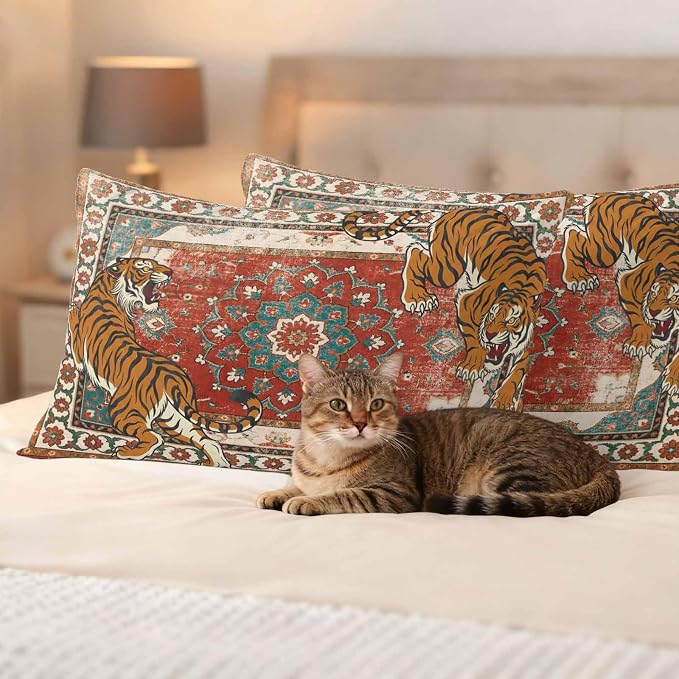 Tiger Print Outdoor Pillow Covers 20"x12" Set of 2, Boho Vintage Animal Orange Red Floral Geometric Waterproof Throw Pillow Covers for Patio Furniture, Decorative Cushion Covers for Porch