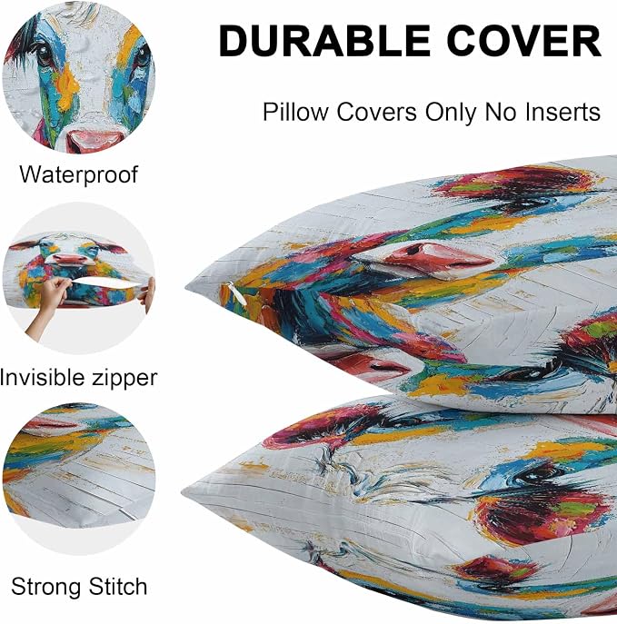 Colorful Cow Outdoor Pillow Covers Pack of 2 Rustic Animal Abstract Cattle Wood Grain Waterproof Throw Pillow Covers Decorative Cushion Cases for Patio Garden Tent Balcony Couch 26x26 inch