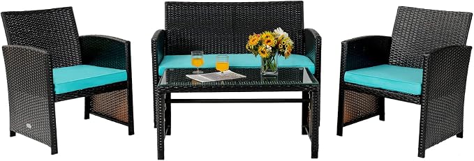 COSTWAY 4 Piece Patio Furniture Set, Outdoor PE Rattan Wicker Sectional Sofa with Cushion and Coffee Table, Patio Conversation Sets for Balcony Lawn Porch Patio Backyard Garden Poolside, Turquoise