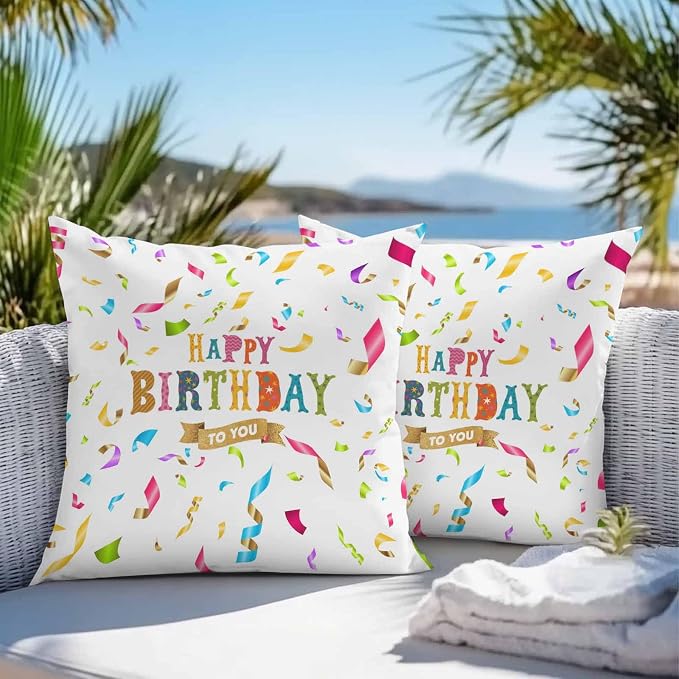 Vandarllin Outdoor Throw Pillows Covers 26x26 inch Set of 2 Waterproof Happy Birthday Decorative Zippered Cushion Covers for Patio Furniture, Colorful Ribbon Celebration Lumbar Pillowcases