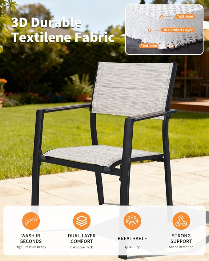 5 Pieces Outdoor Dining Set, Never-Rust Aluminum Expandable Patio Dining Table Set, 32"-65" Extendable Patio Table and Stackable Textilene Dining Chairs for Backyard, Deck, Indoor, Limed Oak