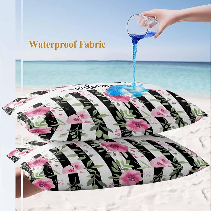 Lumbar Pillow Covers 20x12 Inch Set of 2, Pink Red Flower Waterproof Outdoor Cushion Covers, Watercolor Floral Leaf Black White Stripe Decorative Pillowcases for Couch, Sofa, Bed, Garden, Patio